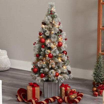 4ft. Winter Flocked Artificial Christmas Tree Pre-Lit with 50 LED Lights and Ornaments in Decorative Planter