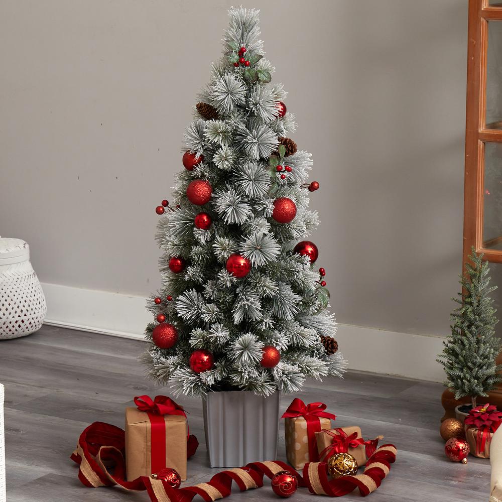 4ft. Winter Flocked Artificial Christmas Tree Pre-Lit with 50 LED Lights and Ornaments in Decorative Planter