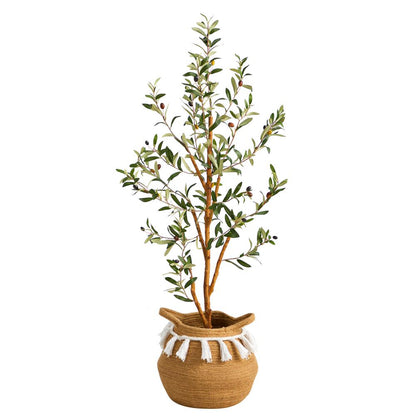3.5ft. Artificial Olive Tree with Handmade Jute & Cotton Basket with Tassels
