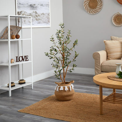 3.5ft. Artificial Olive Tree with Handmade Jute & Cotton Basket with Tassels