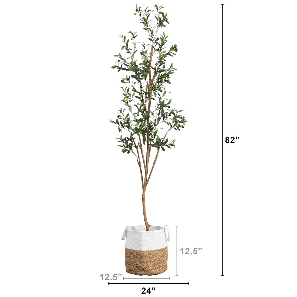 7ft. Artificial Olive Tree with Natural Trunk and Handmade Jute Basket