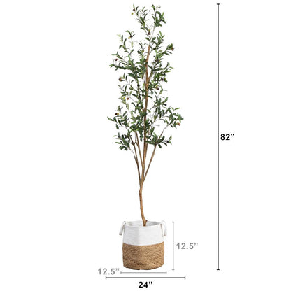 7ft. Artificial Olive Tree with Natural Trunk and Handmade Jute Basket