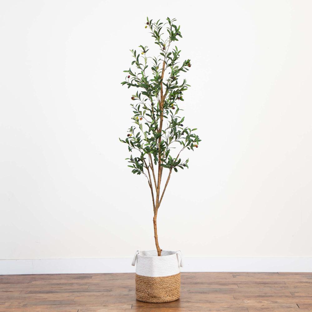 7ft. Artificial Olive Tree with Natural Trunk and Handmade Jute Basket