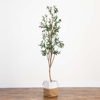 7ft. Artificial Olive Tree with Natural Trunk and Handmade Jute Basket