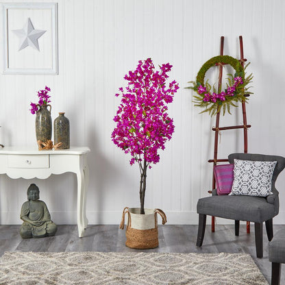 6ft. Artificial Bougainvillea Tree with Handmade Jute & Cotton Basket