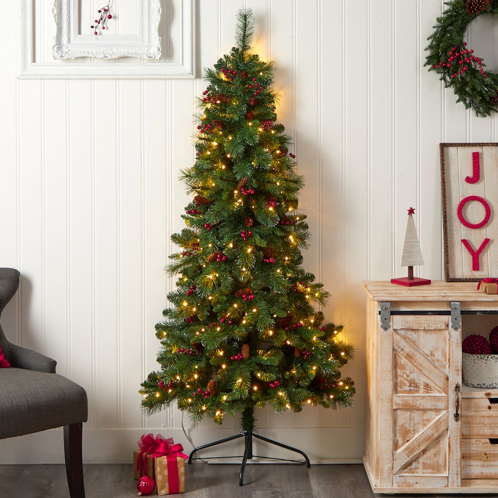 6ft. Flat Back Montreal Mountain Pine Christmas Tree with Pinecones and 150 LEDs