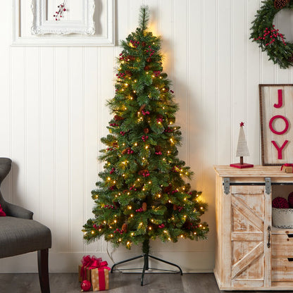 6ft. Flat Back Montreal Mountain Pine Christmas Tree with Pinecones and 150 LEDs