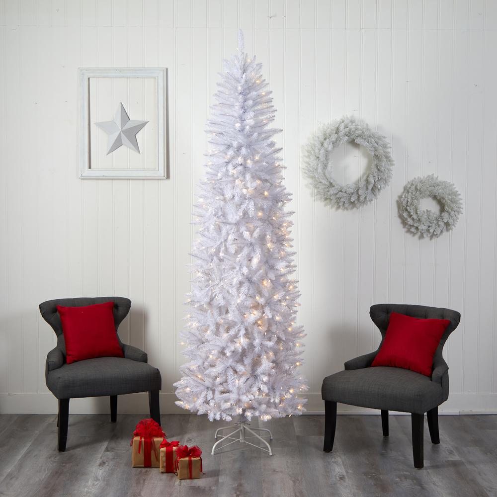 8ft. Slim White Artificial Christmas Tree with 400 Warm White LED Lights and 1348 Bendable Branches