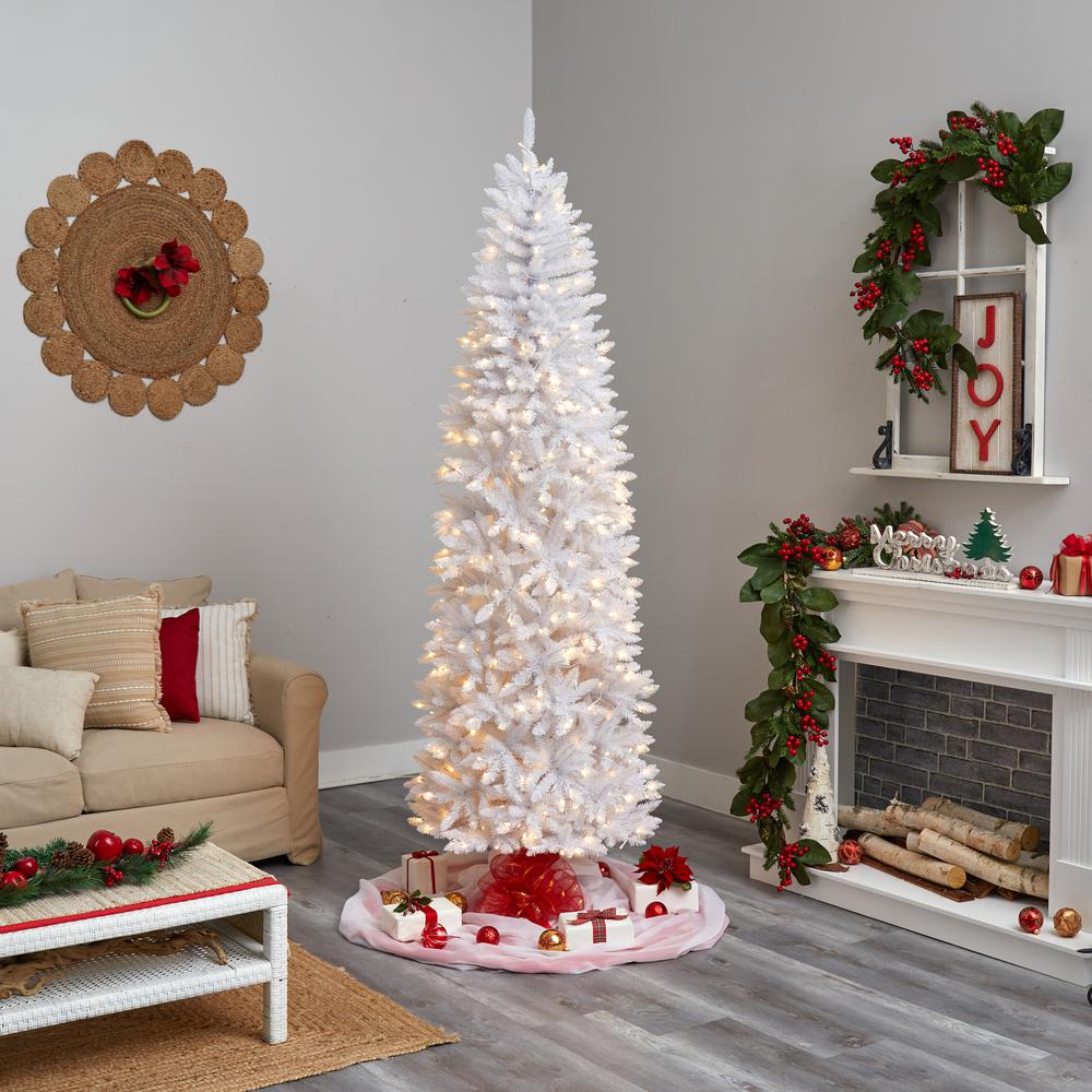 8ft. Slim White Artificial Christmas Tree with 400 Warm White LED Lights and 1348 Bendable Branches