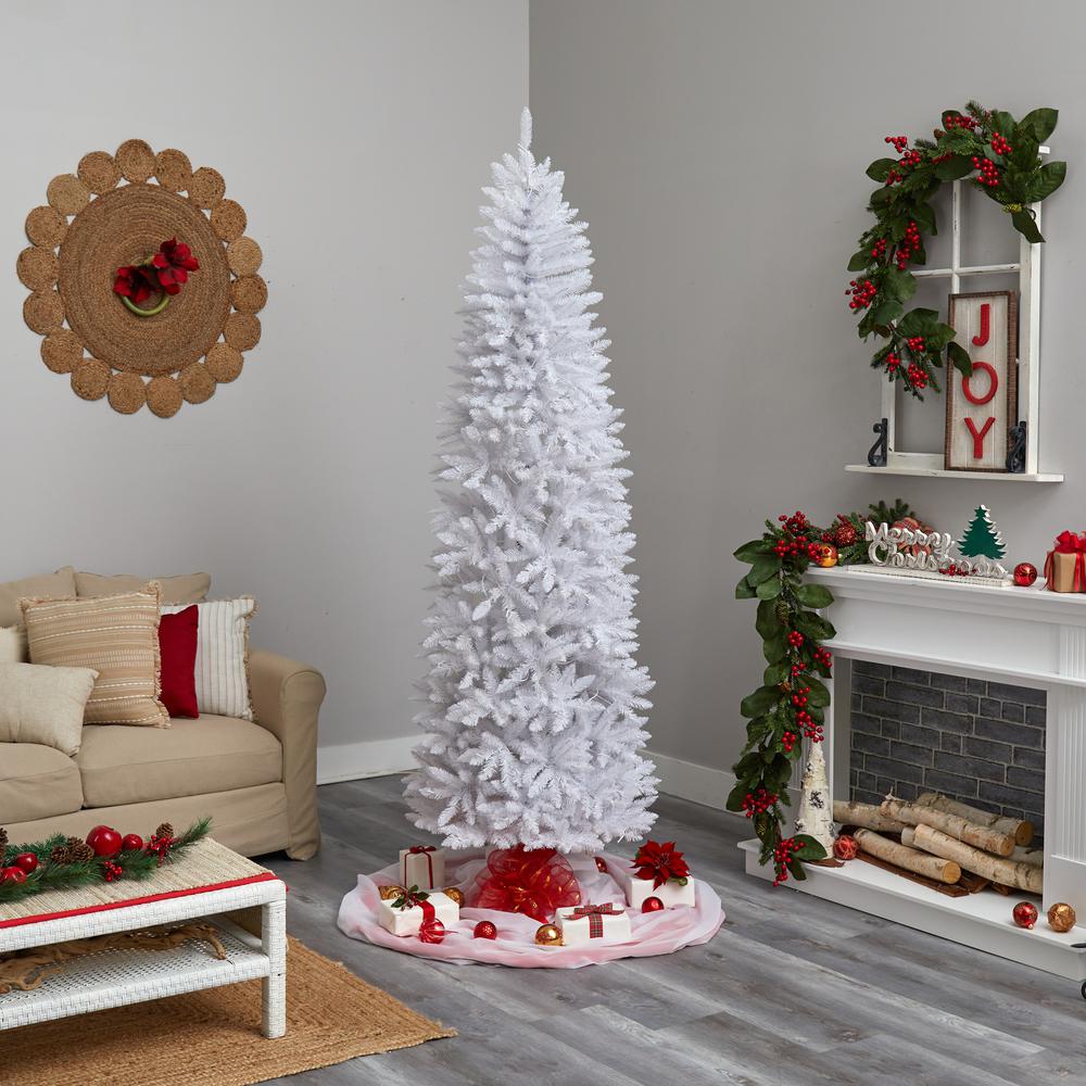 8ft. Slim White Artificial Christmas Tree with 400 Warm White LED Lights and 1348 Bendable Branches
