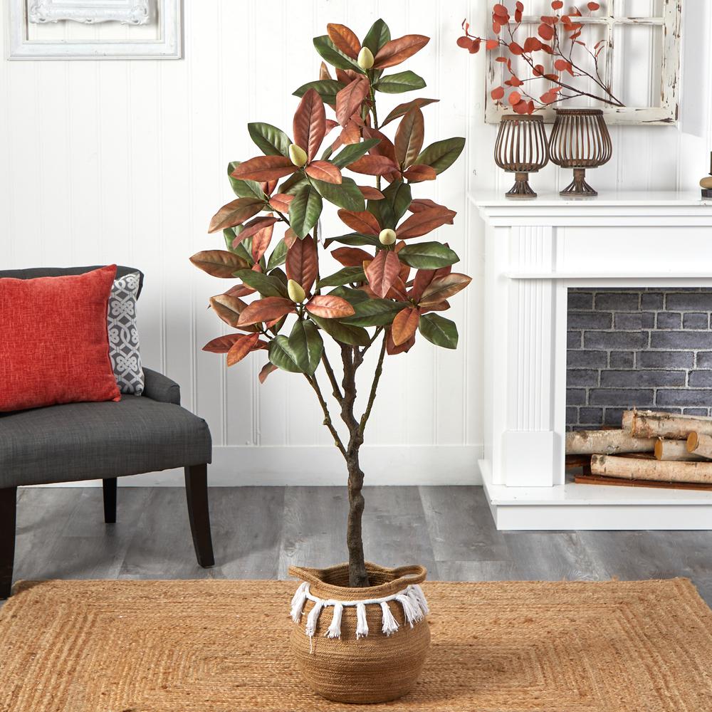 5ft. Artificial Fall Magnolia Tree with Handmade Jute & Cotton Basket