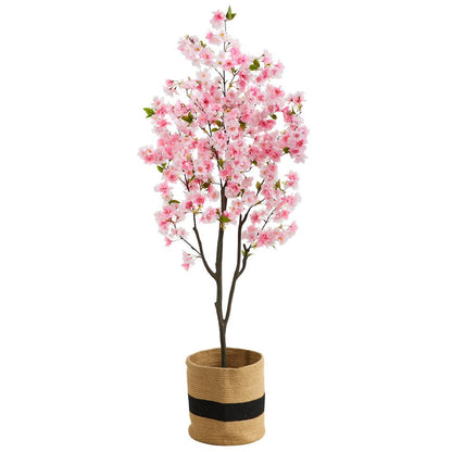 6ft. Artificial Cherry Blossom Tree with Handmade Jute & Cotton Basket