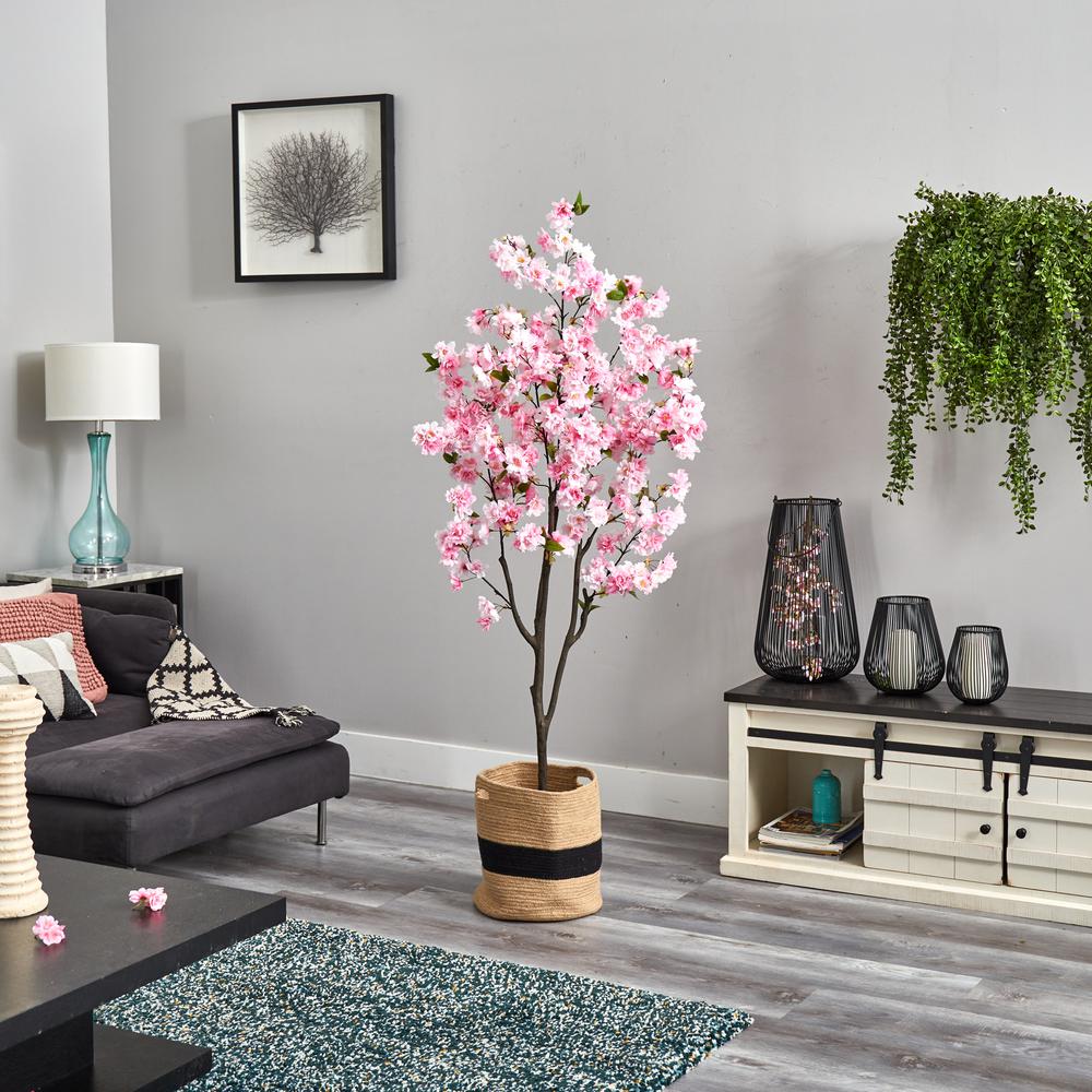 6ft. Artificial Cherry Blossom Tree with Handmade Jute & Cotton Basket