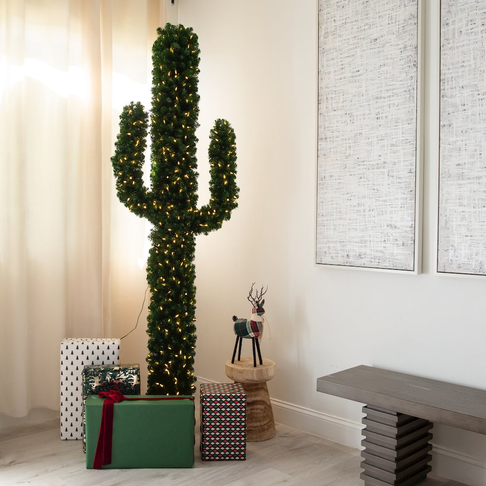 7ft. Pre-Lit Artificial Cactus Christmas Tree with 500 Micro LED Lights