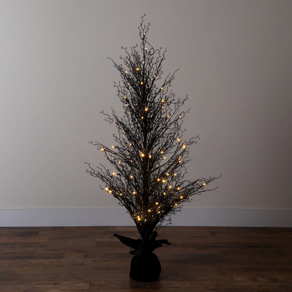 5ft. Pre-Lit Halloween Black Twig Artificial Fall Tree in Burlap Planter