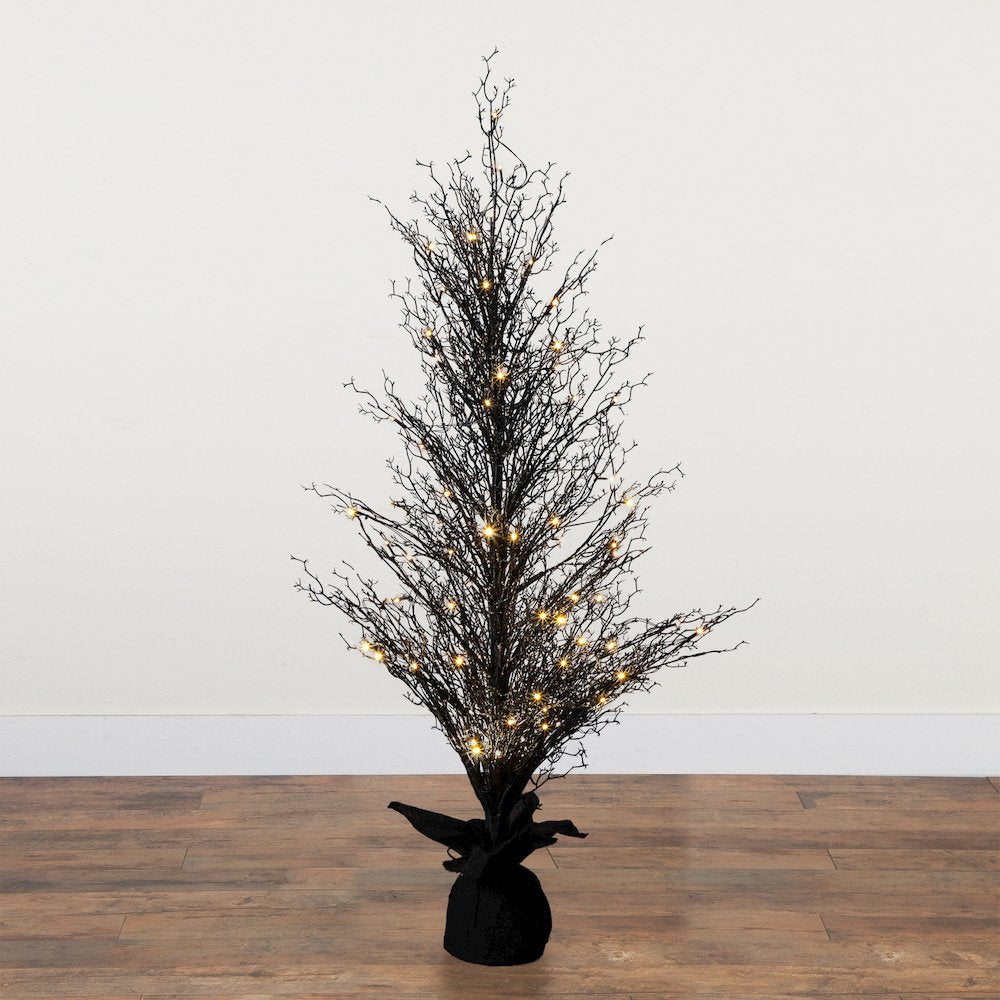 5ft. Pre-Lit Halloween Black Twig Artificial Fall Tree in Burlap Planter