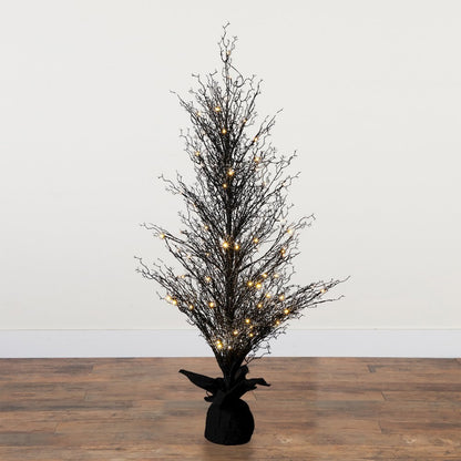 5ft. Pre-Lit Halloween Black Twig Artificial Fall Tree in Burlap Planter