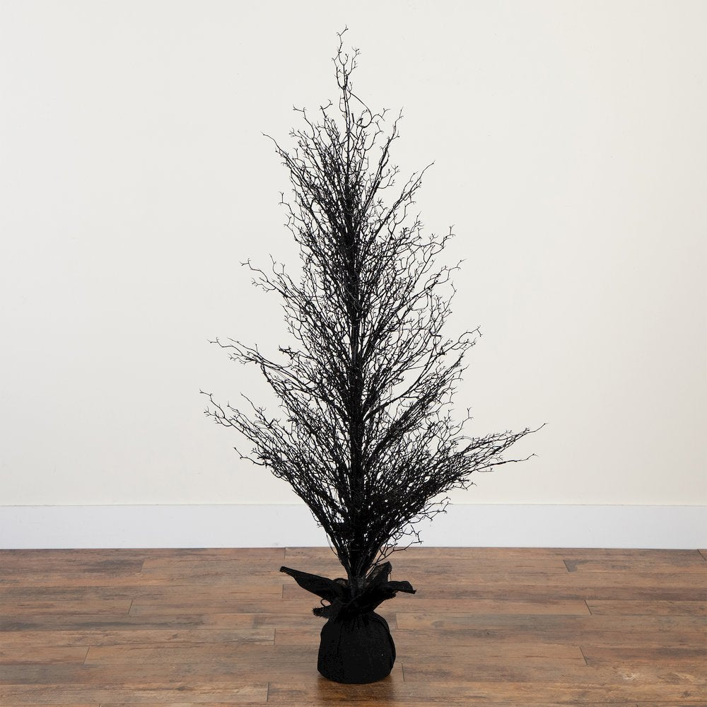 5ft. Pre-Lit Halloween Black Twig Artificial Fall Tree in Burlap Planter