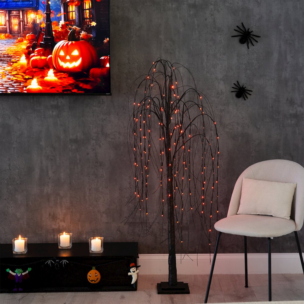 5ft. Pre-Lit Halloween Black Willow Artificial Fall Tree with 144 Orange