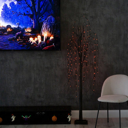 6ft. Pre-Lit Halloween Black Willow Artificial Fall Tree with 160 Orange