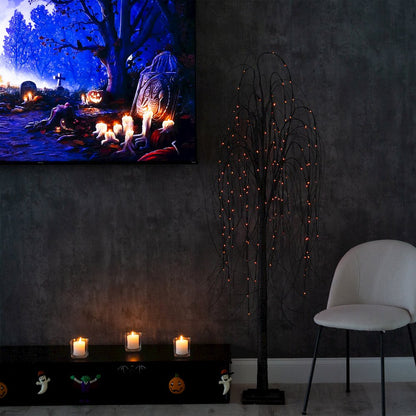 6ft. Pre-Lit Halloween Black Willow Artificial Fall Tree with 160 Orange