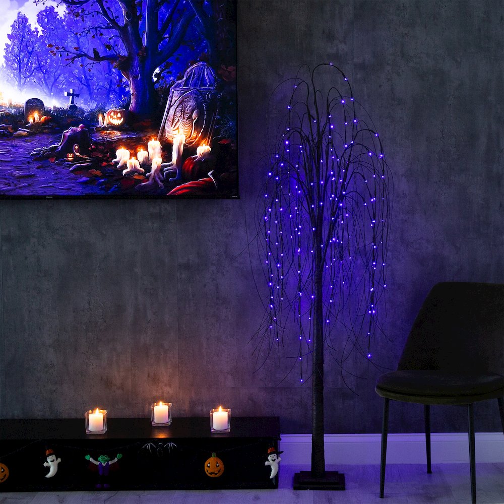 6ft. Pre-Lit Halloween Black Willow Artificial Fall Tree with 160 Orange