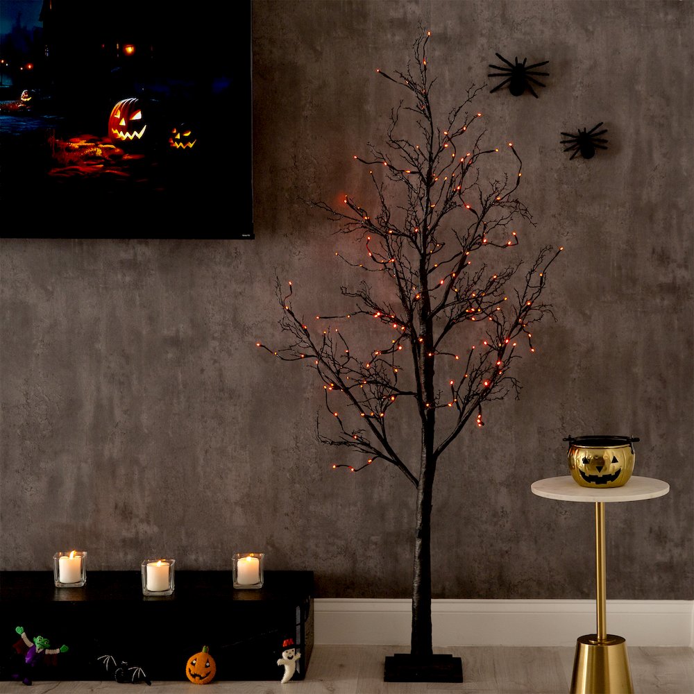 6ft. Pre-Lit Halloween Black Twig Artificial Fall Tree with 300 Orange