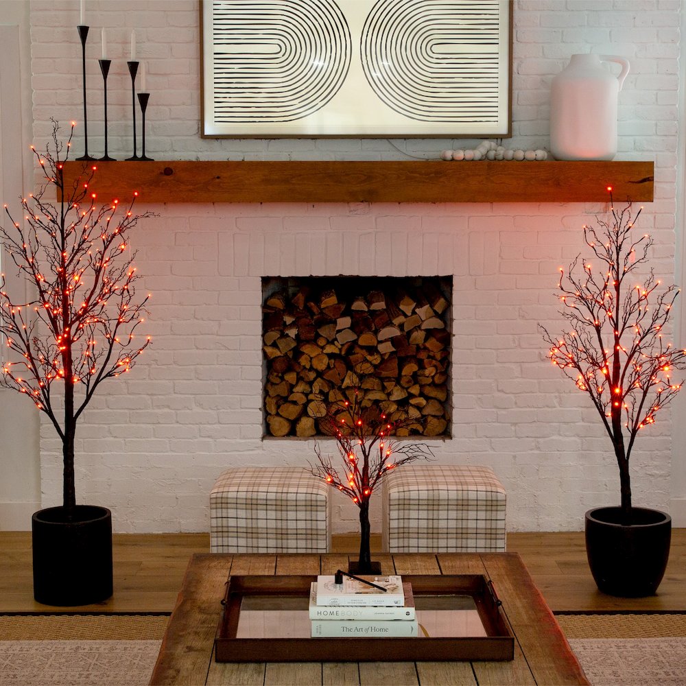 6ft. Pre-Lit Halloween Black Twig Artificial Fall Tree with 300 Orange