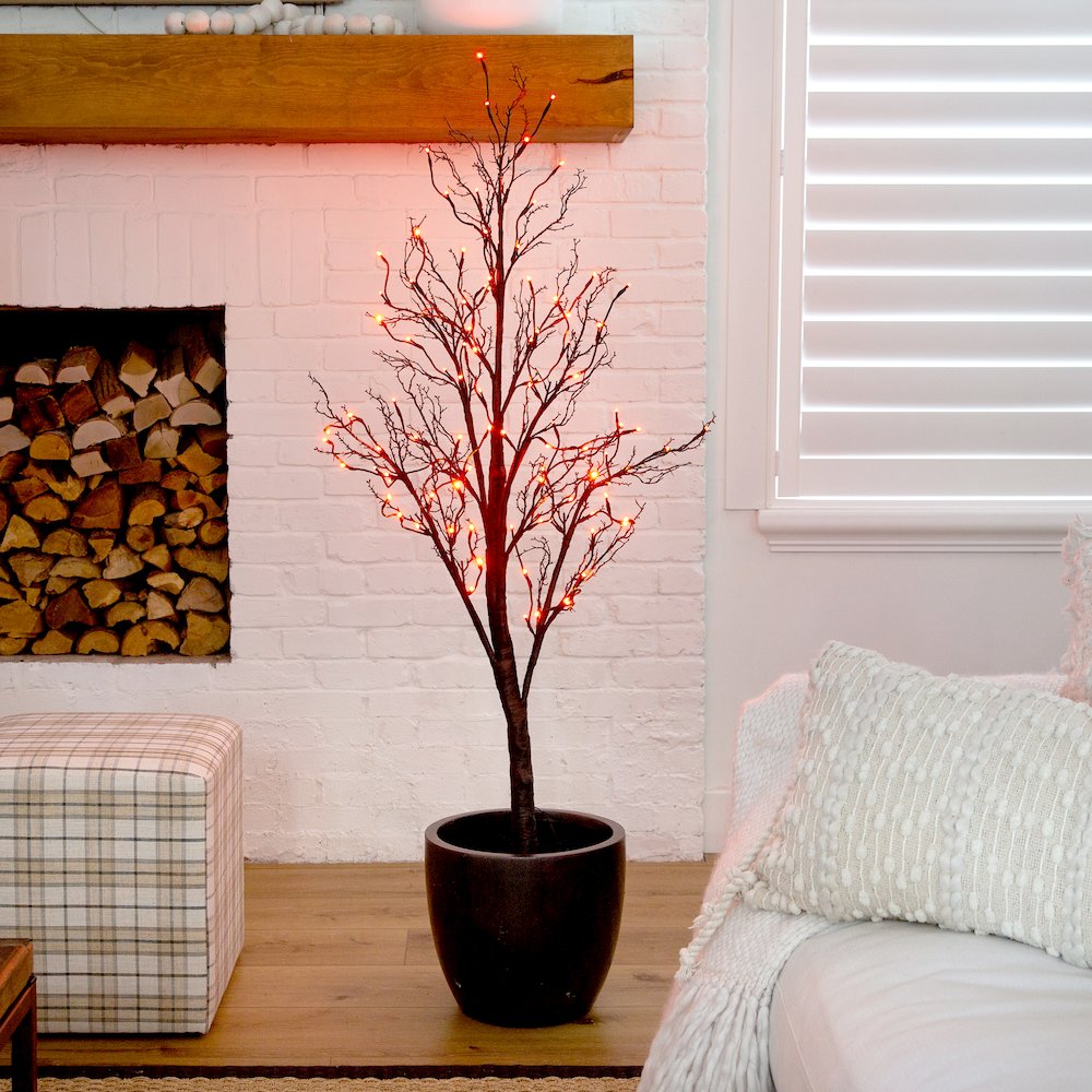 5ft. Pre-Lit Halloween Deluxe Black Twig Artificial Fall Tree with 102 Orange