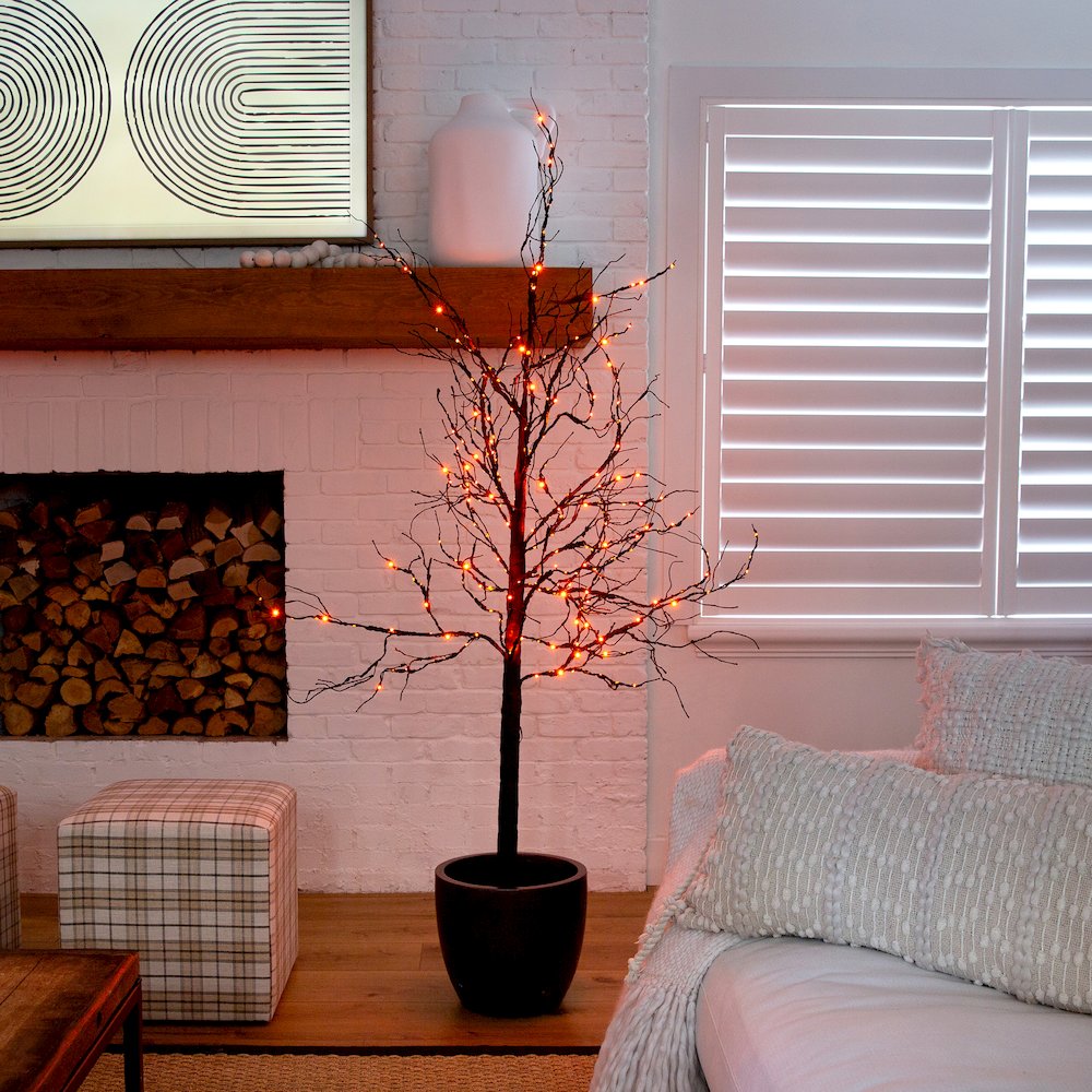 6ft. Pre-Lit Halloween Deluxe Black Twig Artificial Fall Tree with 156 Orange