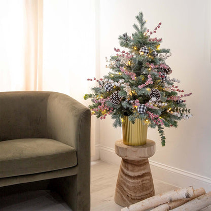 3ft. Pre-Lit Artificial Snow Covered Decorative Christmas Tree in Golden Planter