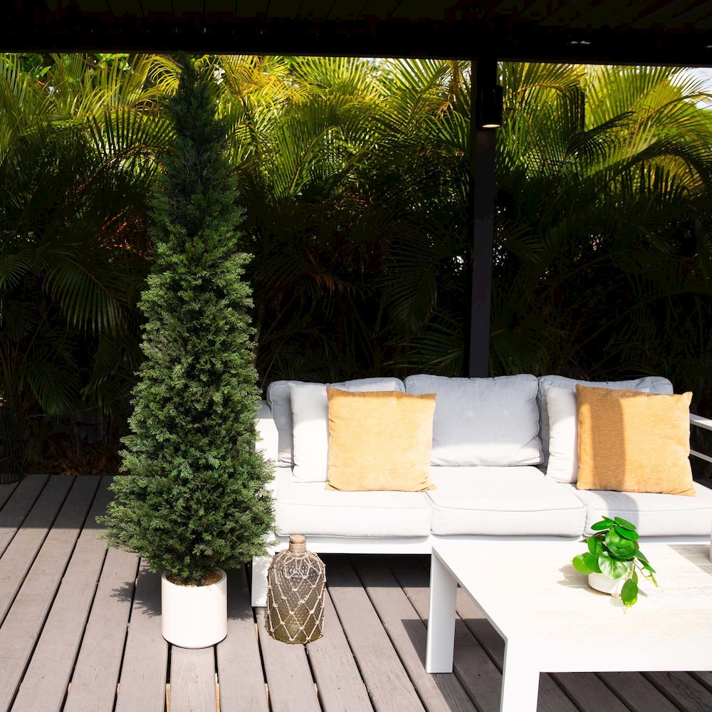 6ft. UV Resistant Artificial Cedar Tree in Decorative White Planter