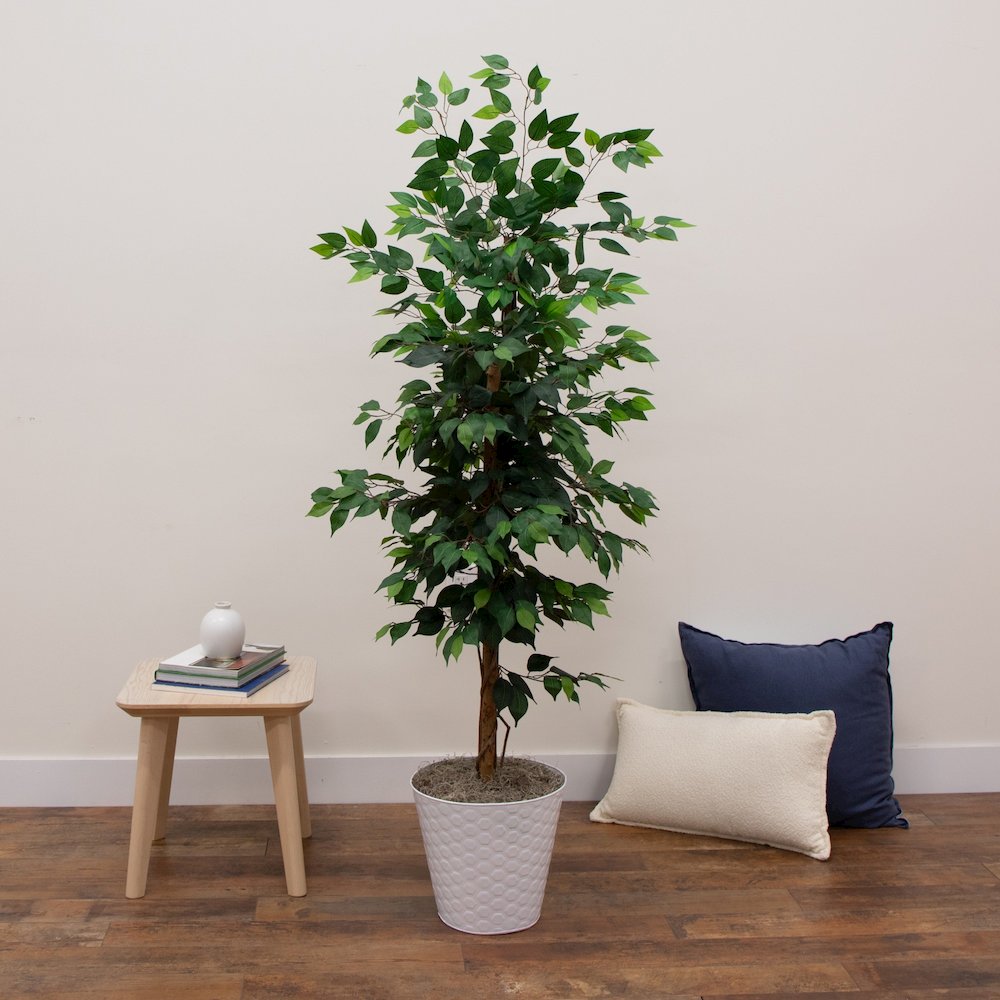 5.5ft. Artificial Ficus Double Stalk Tree in Hexagon Metal Planter