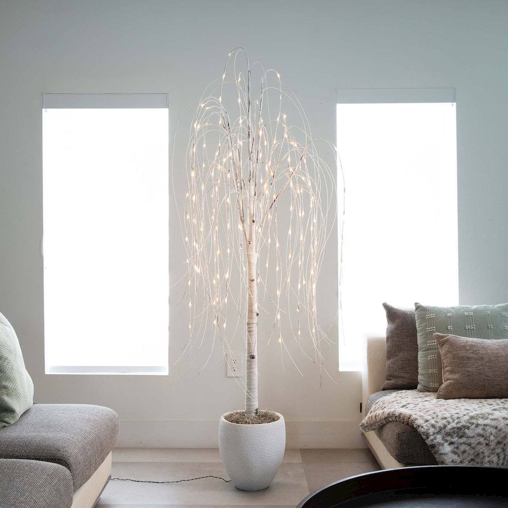 6ft. Pre-Lit Artificial White Weeping Willow Tree with 160 Warm White LED Lights