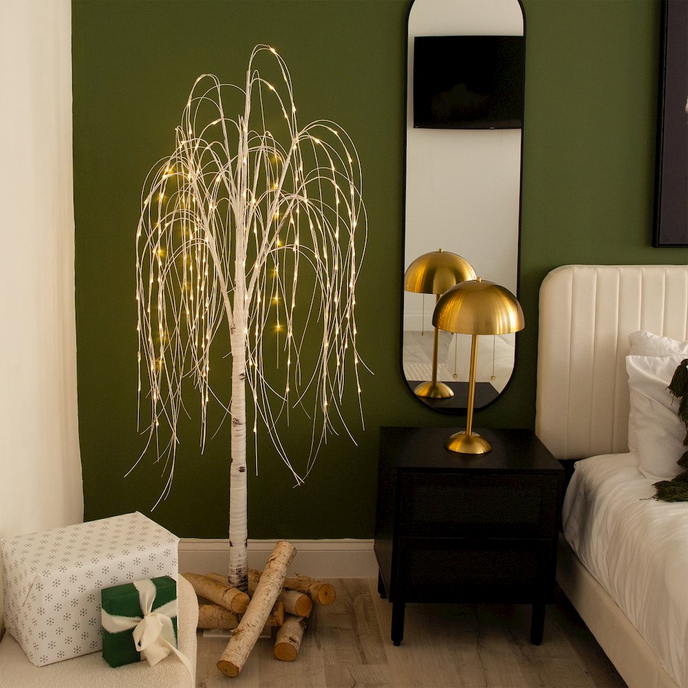 6ft. Pre-Lit Artificial White Weeping Willow Tree with 160 Warm White LED Lights