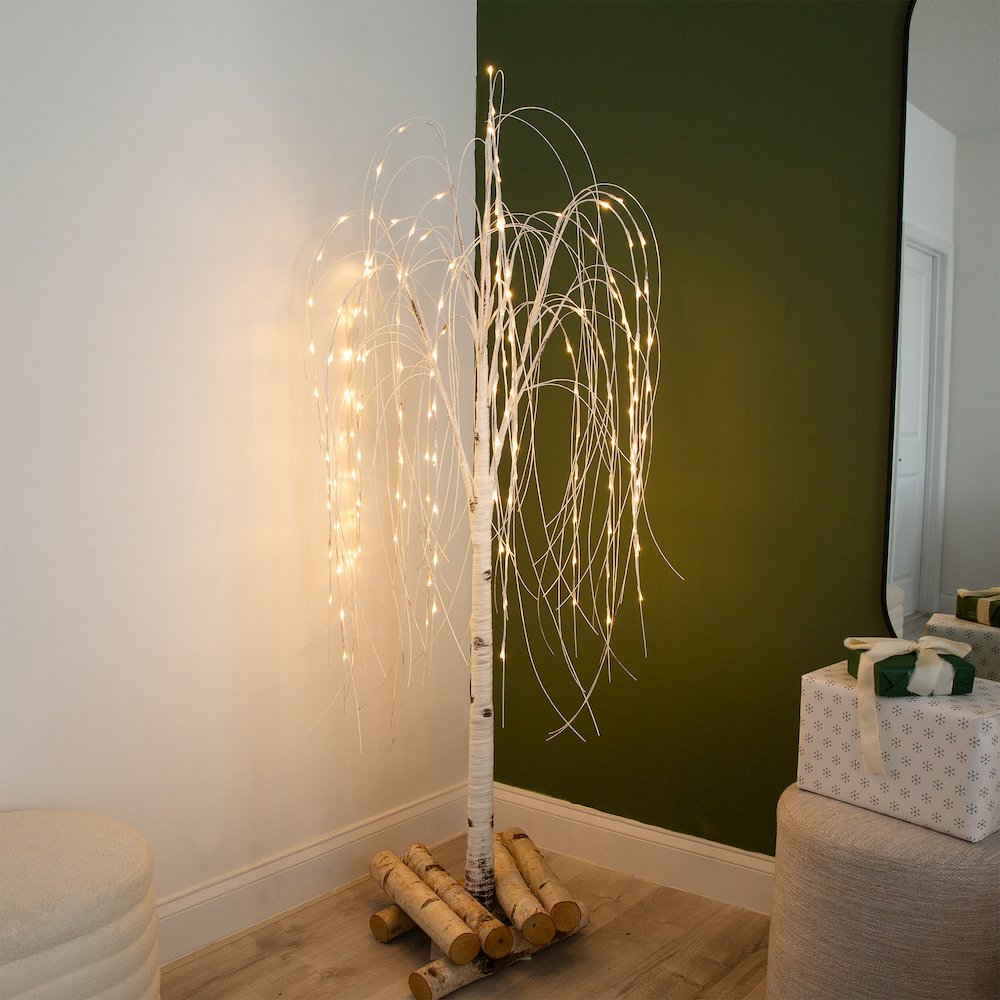 6ft. Pre-Lit Artificial White Weeping Willow Tree with 160 Warm White LED Lights