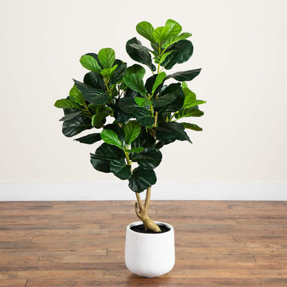 4ft. Artificial Lush Fiddle Leaf Tree in Decorative White Planter
