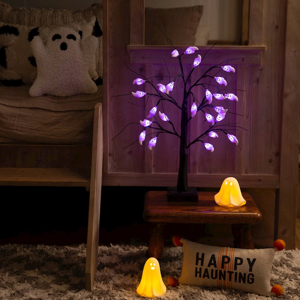 2ft. Pre-Lit Artificial Halloween Ghost Twig Tree with 24 Purple LED Lights