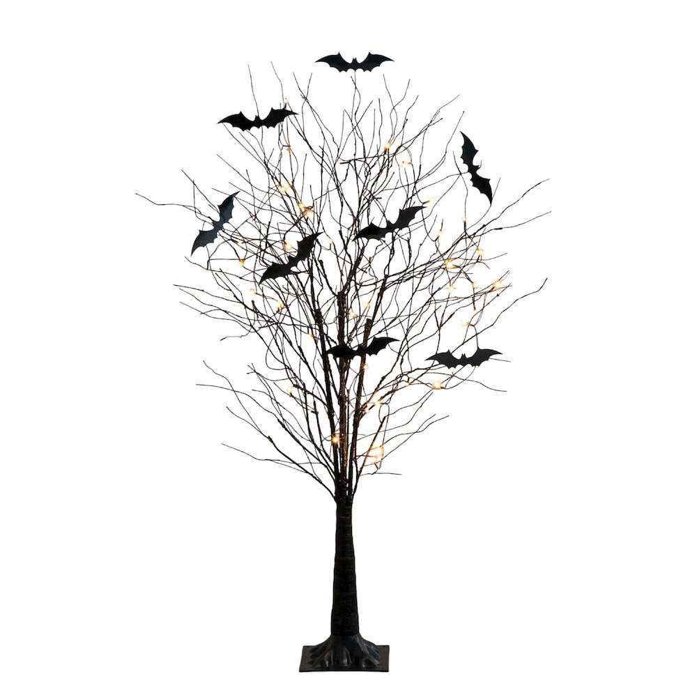 5ft. Pre-Lit Artificial Halloween Black Twig Tree with Bats and 50 LED Lights