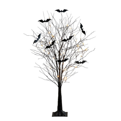 5ft. Pre-Lit Artificial Halloween Black Twig Tree with Bats and 50 LED Lights