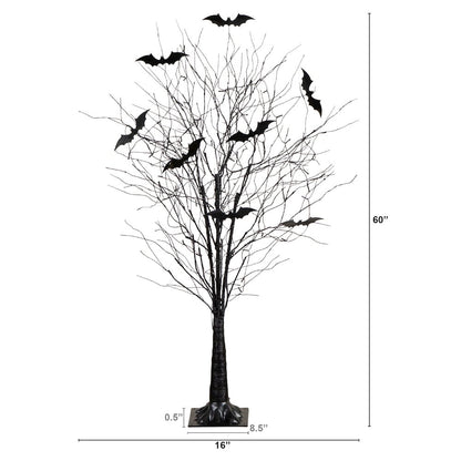 5ft. Pre-Lit Artificial Halloween Black Twig Tree with Bats and 50 LED Lights