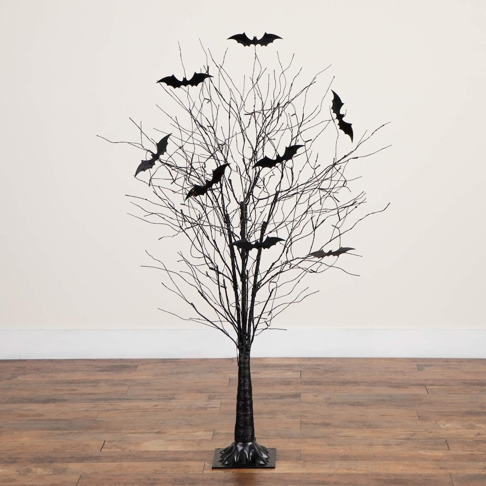 5ft. Pre-Lit Artificial Halloween Black Twig Tree with Bats and 50 LED Lights