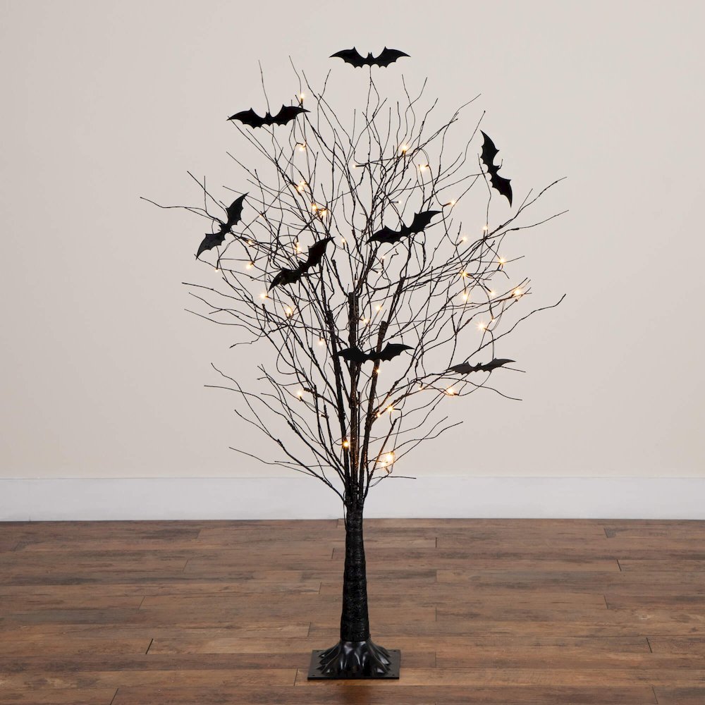 5ft. Pre-Lit Artificial Halloween Black Twig Tree with Bats and 50 LED Lights