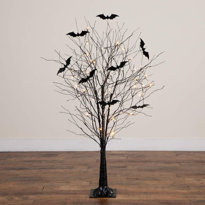 5ft. Pre-Lit Artificial Halloween Black Twig Tree with Bats and 50 LED Lights