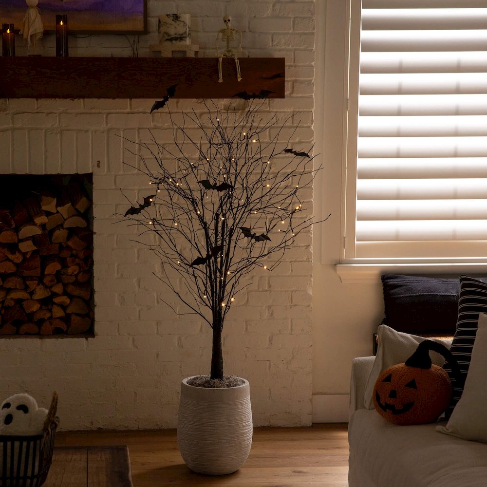 5ft. Pre-Lit Artificial Halloween Black Twig Tree with Bats and 50 LED Lights