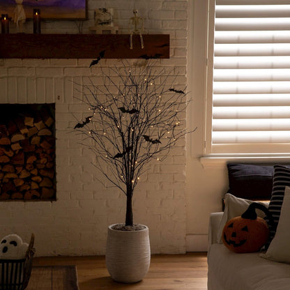 5ft. Pre-Lit Artificial Halloween Black Twig Tree with Bats and 50 LED Lights