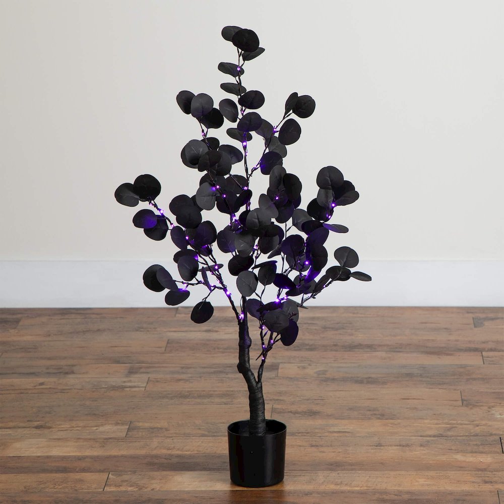 3ft. Pre-Lit Artificial Halloween Black Eucalyptus Tree with 80 LED Lights