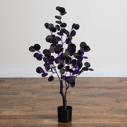 3ft. Pre-Lit Artificial Halloween Black Eucalyptus Tree with 80 LED Lights