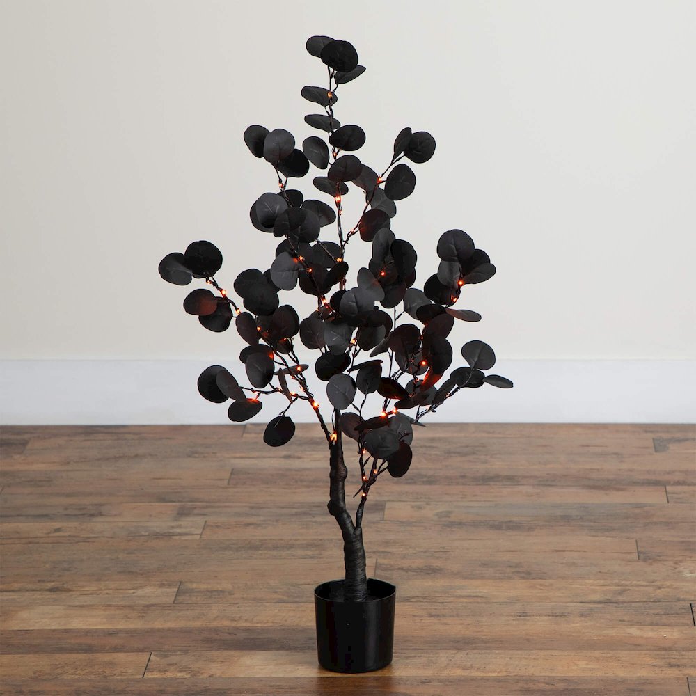 3ft. Pre-Lit Artificial Halloween Black Eucalyptus Tree with 80 LED Lights