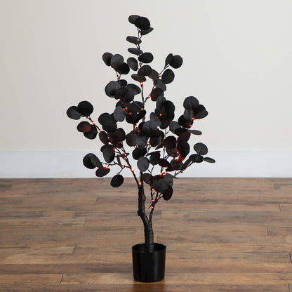 3ft. Pre-Lit Artificial Halloween Black Eucalyptus Tree with 80 LED Lights